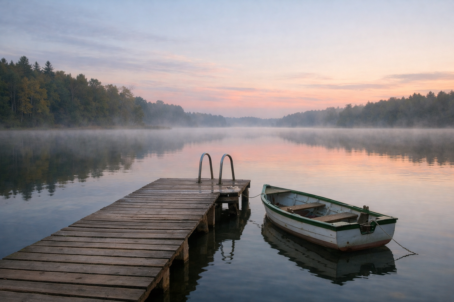 Spokojne mazurskie jezioro z drewnianym pomostem o świcie