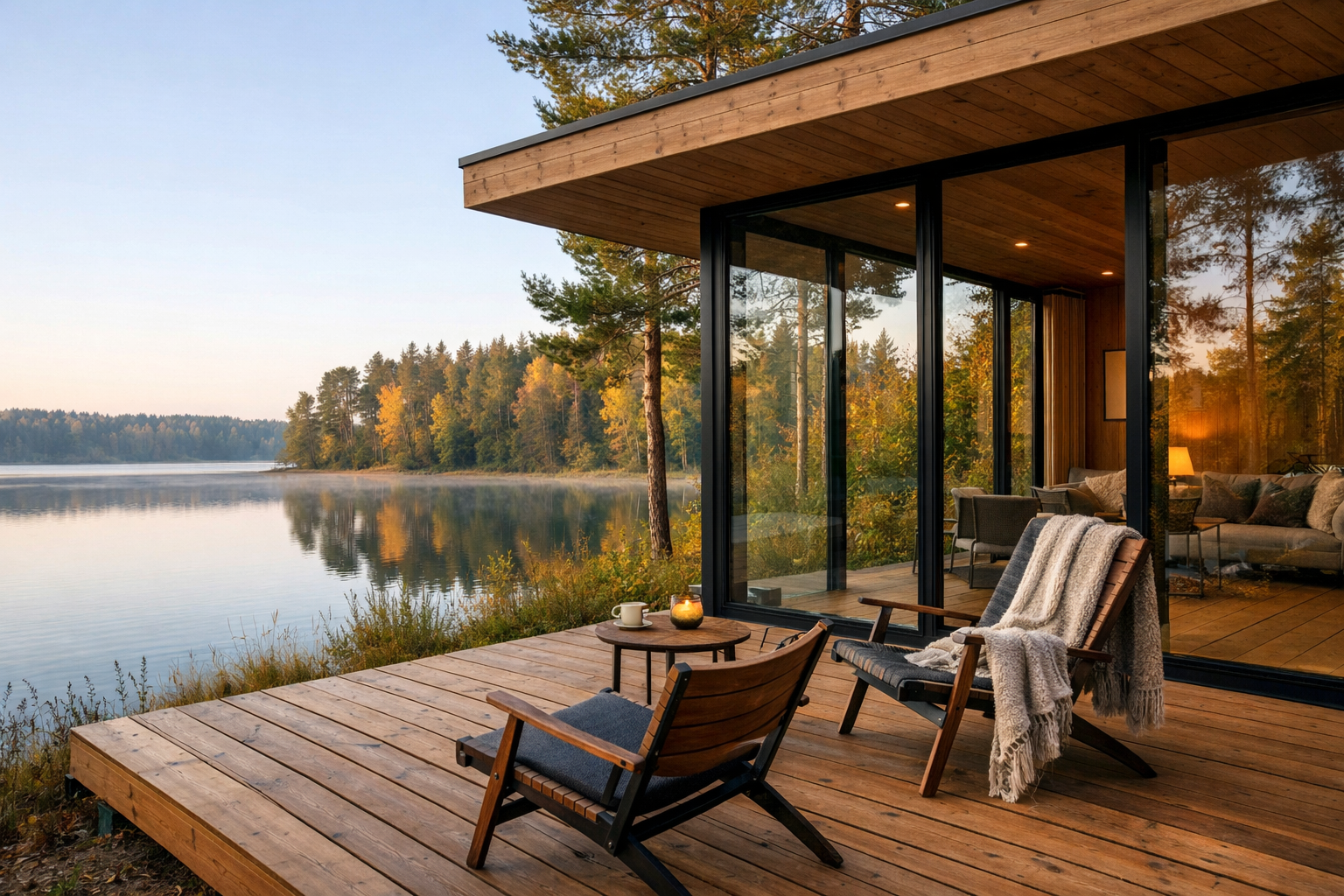 Drewniane domki wśród drzew nad mazurskim jeziorem